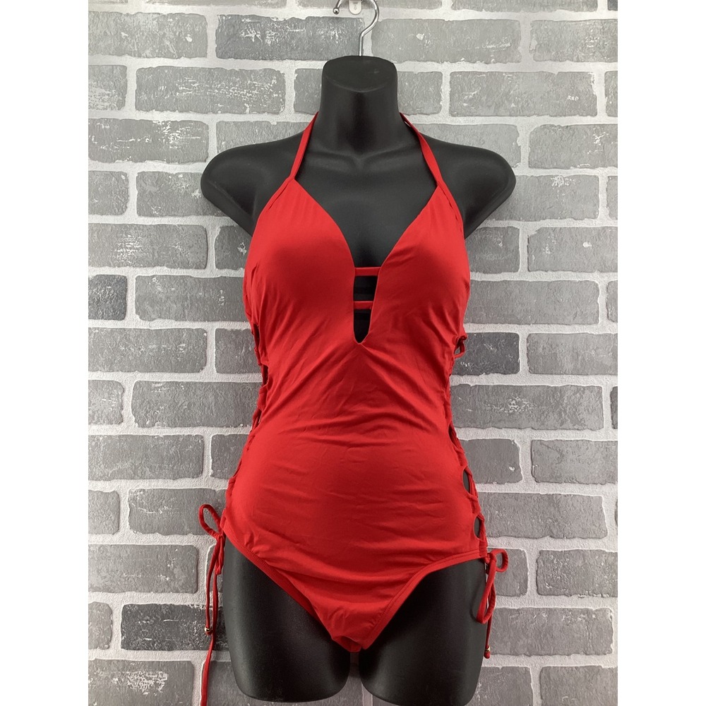 Laundry by Shelli Segal Red Lace Up‎ Side One Piece Swimsuit LYSS8059 Small